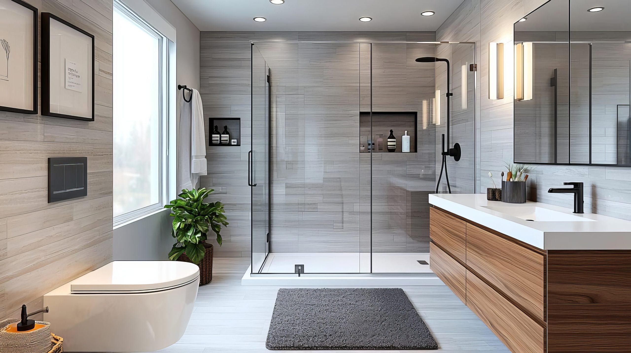 Modern bathroom with walk-in shower, floating vanity, and sleek fixtures, Bathroom renovation ideas, Spa-like retreat