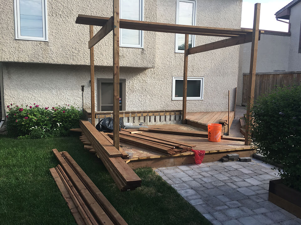 in process deck Pergola Exterior Structure - Winnipeg Exterior Renovations - All Canadian Renovations Ltd.